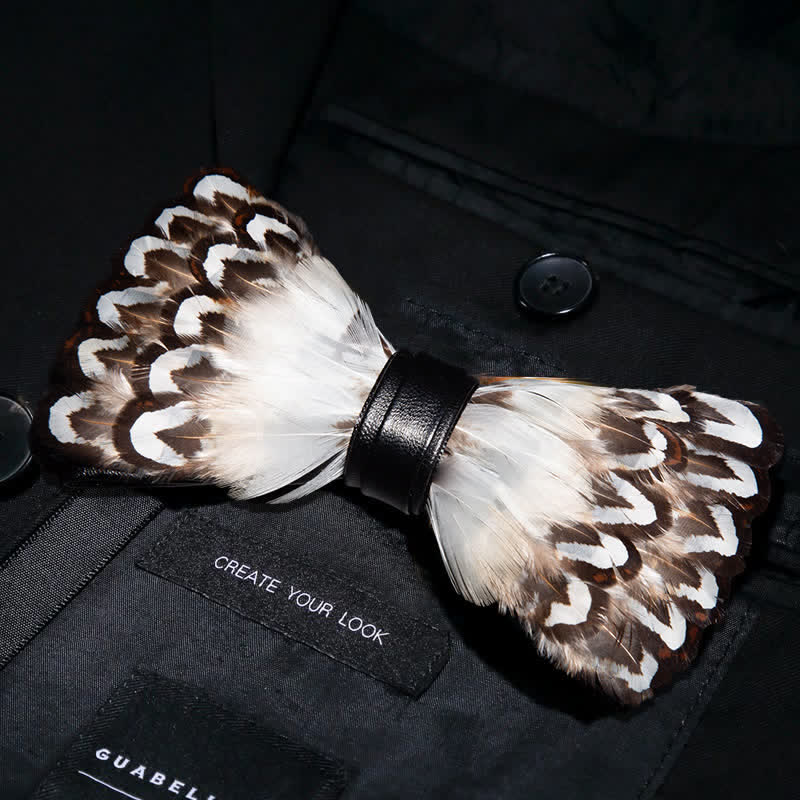 White & Brown Wilderness Feather Bow Tie with Lapel Pin - Image 2