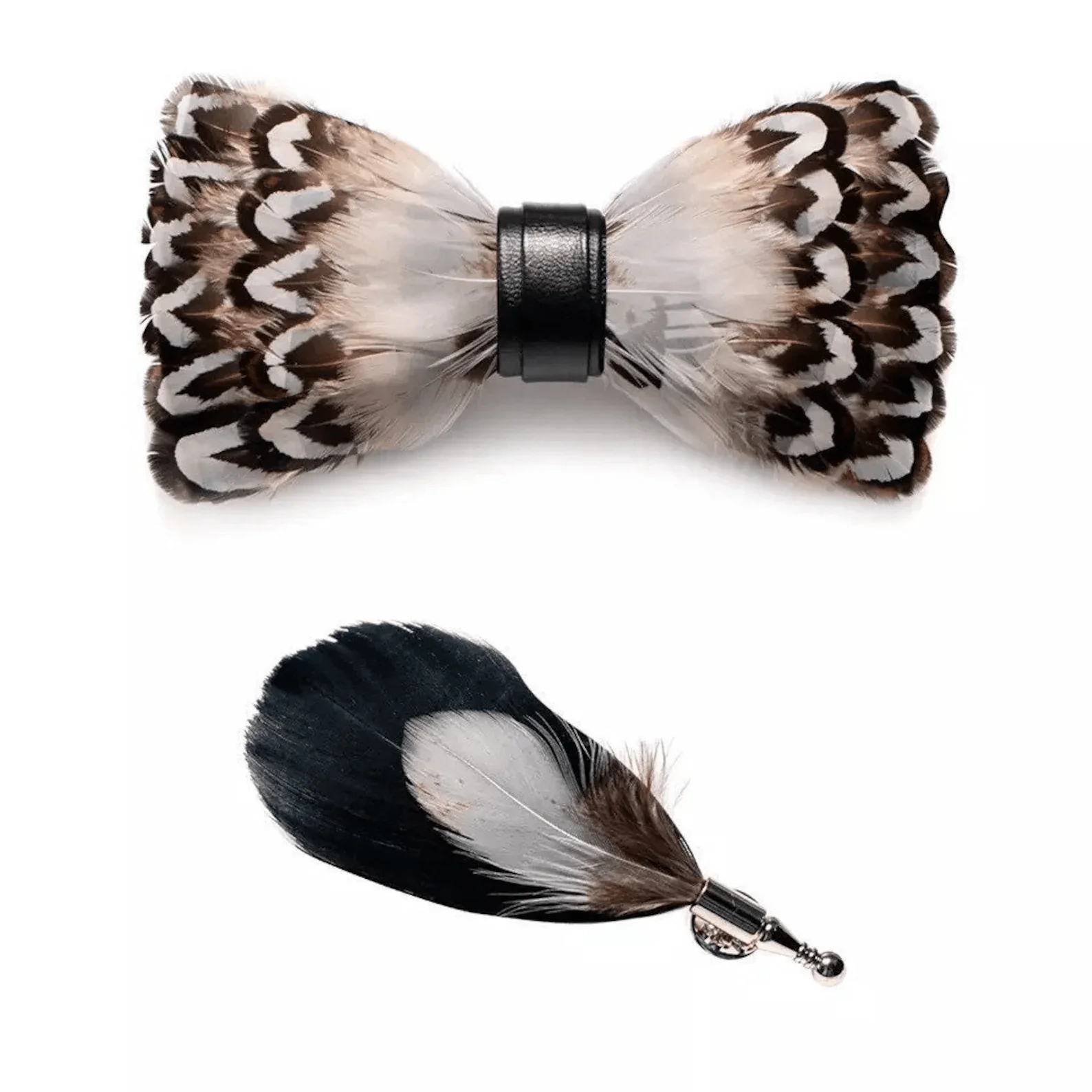 White & Brown Wilderness Feather Bow Tie with Lapel Pin - Image 3