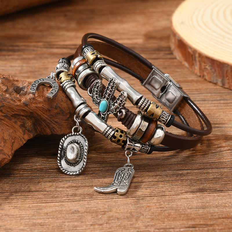 Wild West Horseshoe Hat Boot Charms Leather Bracelet - Image 4
