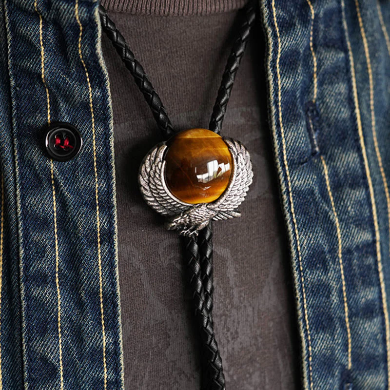 Wing-Accented Tiger Eye Stone Vintage Metal Bolo Ties