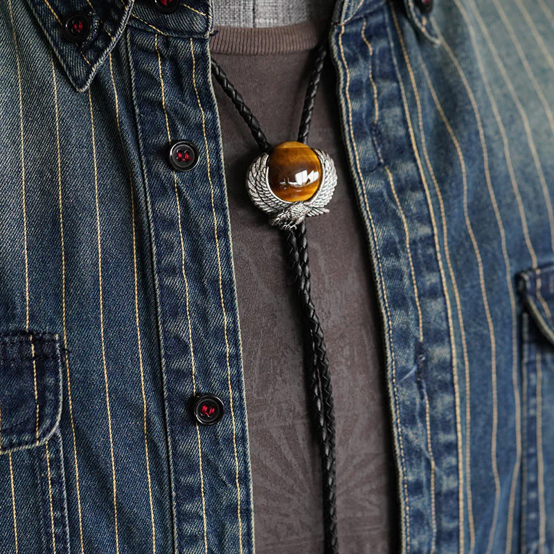 Wing-Accented Tiger Eye Stone Vintage Metal Bolo Ties - Image 2