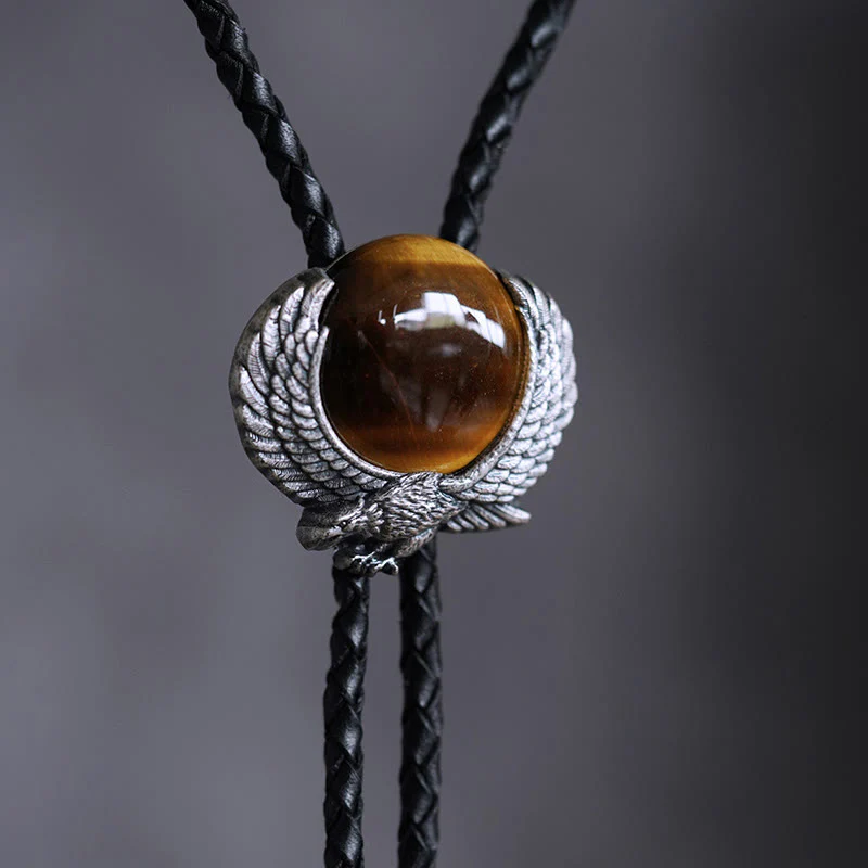 Wing-Accented Tiger Eye Stone Vintage Metal Bolo Ties - Image 5
