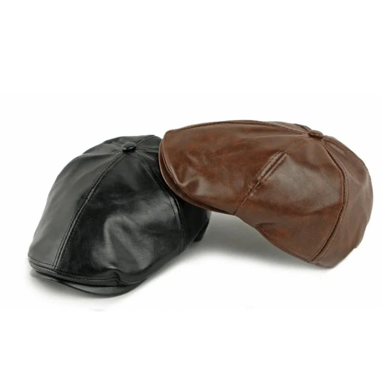Winter Vintage Faux Leather Men's Beret Hat - Image 8