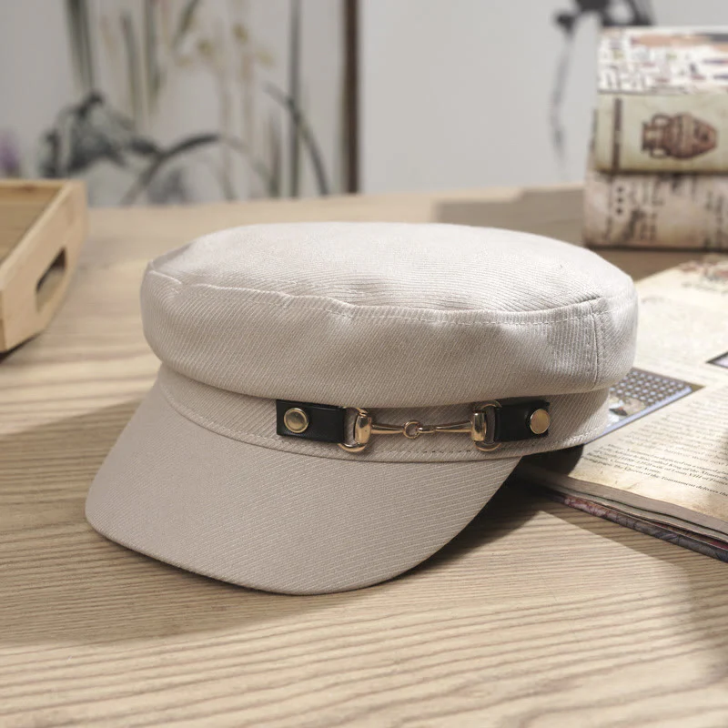 Winter Women's Flat Topped Beret Hat With Brim Buckle