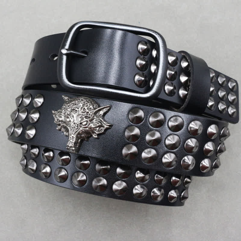 Wolf Head Rivets Three Rows Studded Leather Belt - Image 2