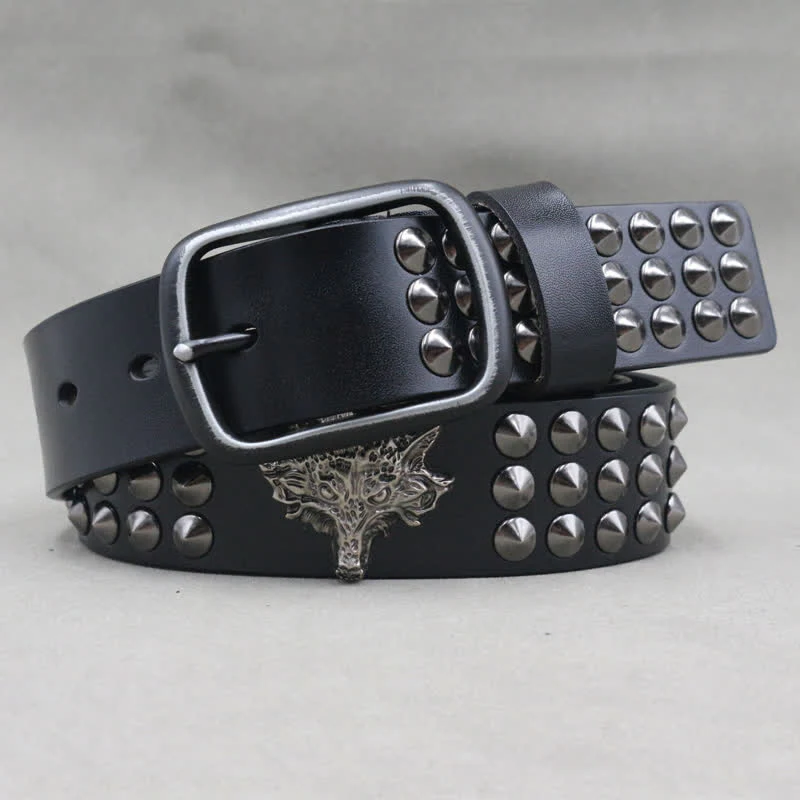 Wolf Head Rivets Three Rows Studded Leather Belt - Image 3