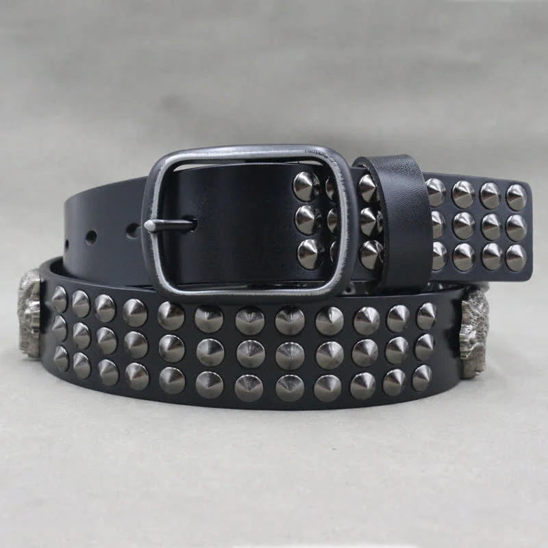Wolf Head Rivets Three Rows Studded Leather Belt - Image 4