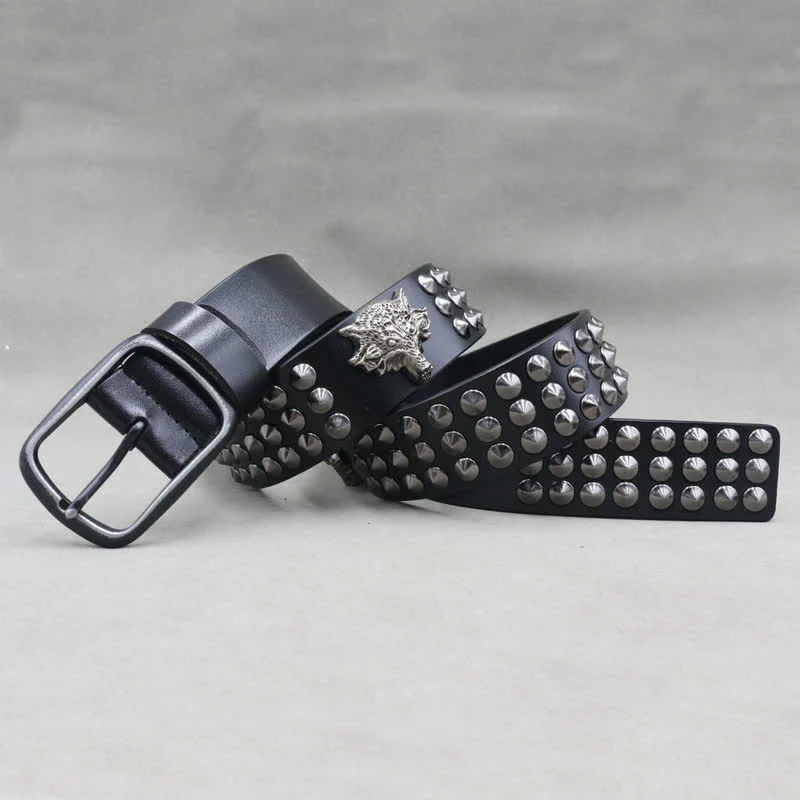 Wolf Head Rivets Three Rows Studded Leather Belt - Image 5