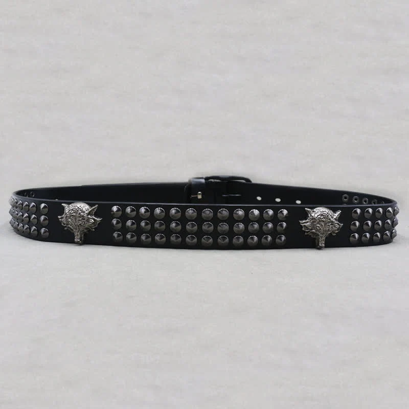 Wolf Head Rivets Three Rows Studded Leather Belt - Image 6