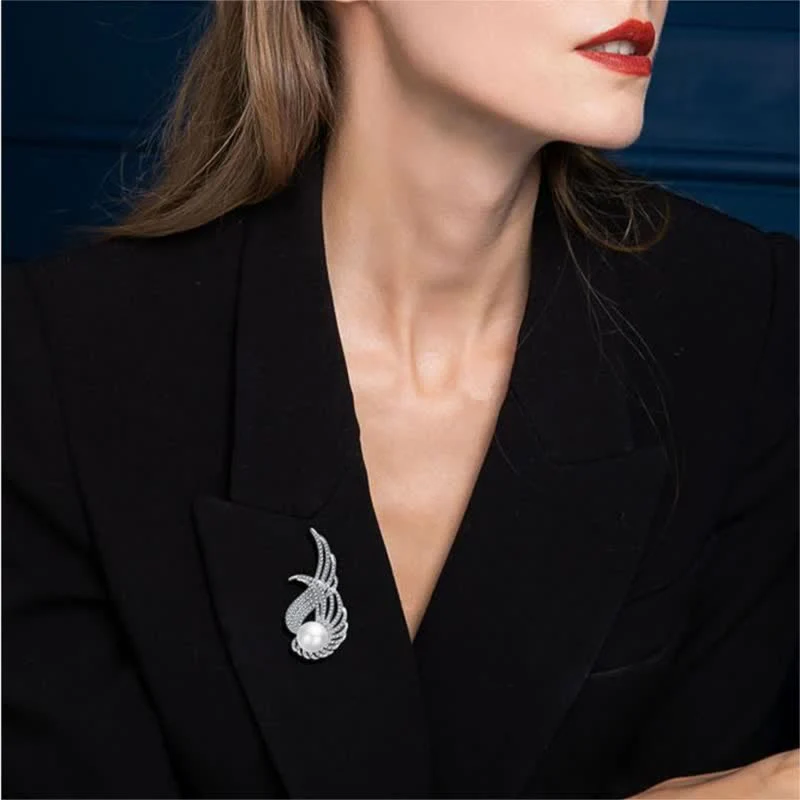Women's Angel Wing Feather Pearl Brooch - Image 2