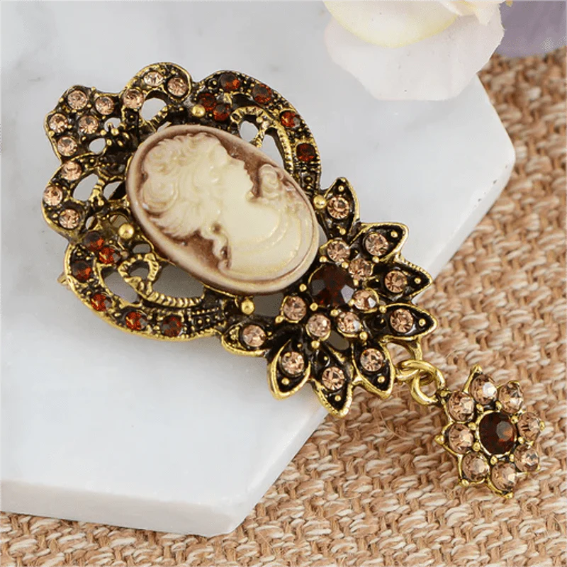 Women's Antique Cameo Lady Flower Brooch - Image 3