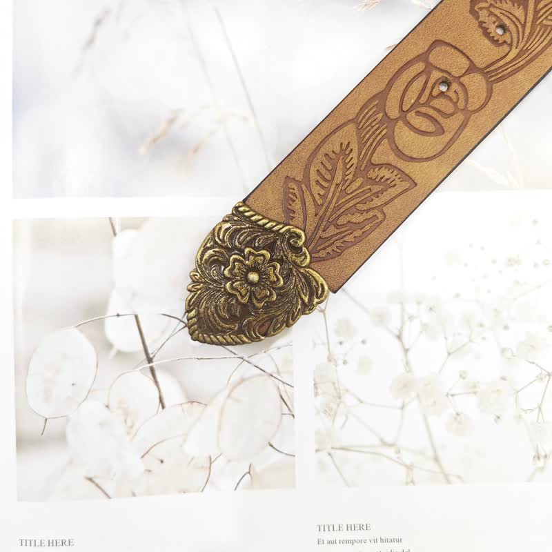 Women's Antique Gold Floral Rose Pattern Leather Belt - Image 4