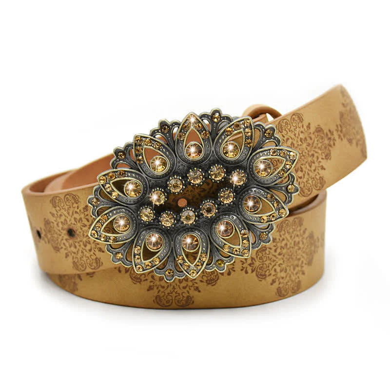 Women's Artificial Crystal Hollow Flower Buckle Leather Belt