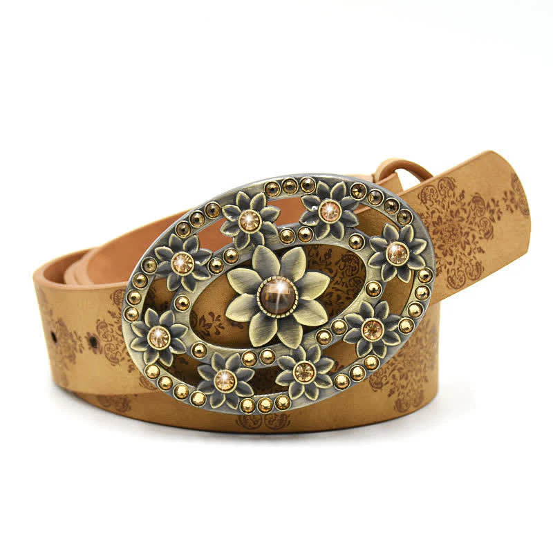 Women's Artificial Crystal Hollow Flower Buckle Leather Belt - Image 13