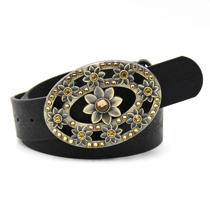 Women's Artificial Crystal Hollow Flower Buckle Leather Belt - Image 14