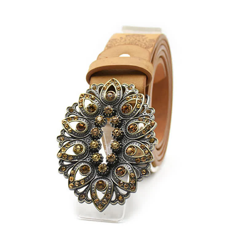 Women's Artificial Crystal Hollow Flower Buckle Leather Belt - Image 2