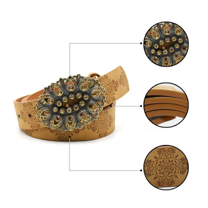 Women's Artificial Crystal Hollow Flower Buckle Leather Belt - Image 3