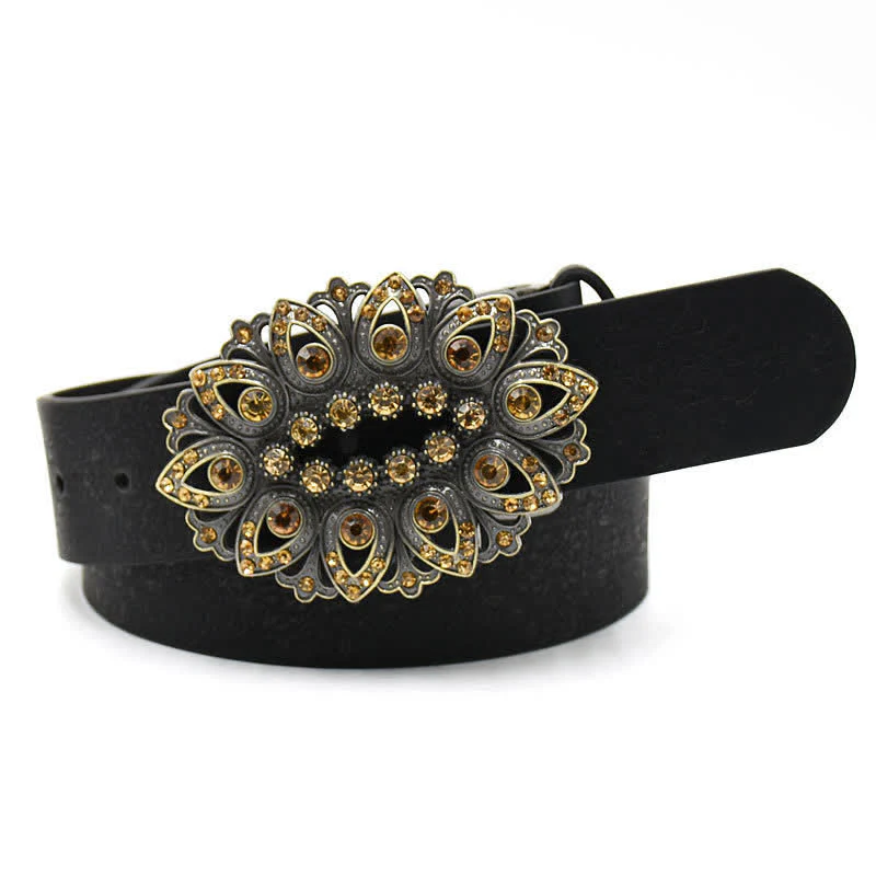 Women's Artificial Crystal Hollow Flower Buckle Leather Belt - Image 4