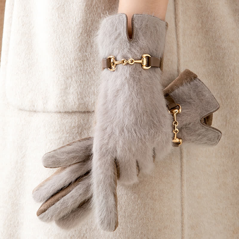 Women's Artificial Rabbit Fur Suede Patchwork Leather Gloves