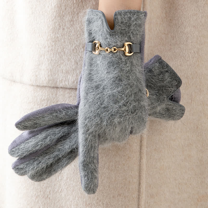 Women's Artificial Rabbit Fur Suede Patchwork Leather Gloves - Image 4