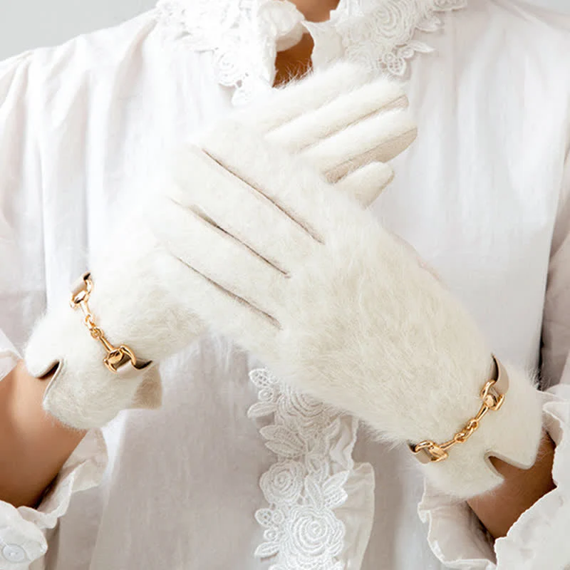 Women's Artificial Rabbit Fur Suede Patchwork Leather Gloves - Image 9
