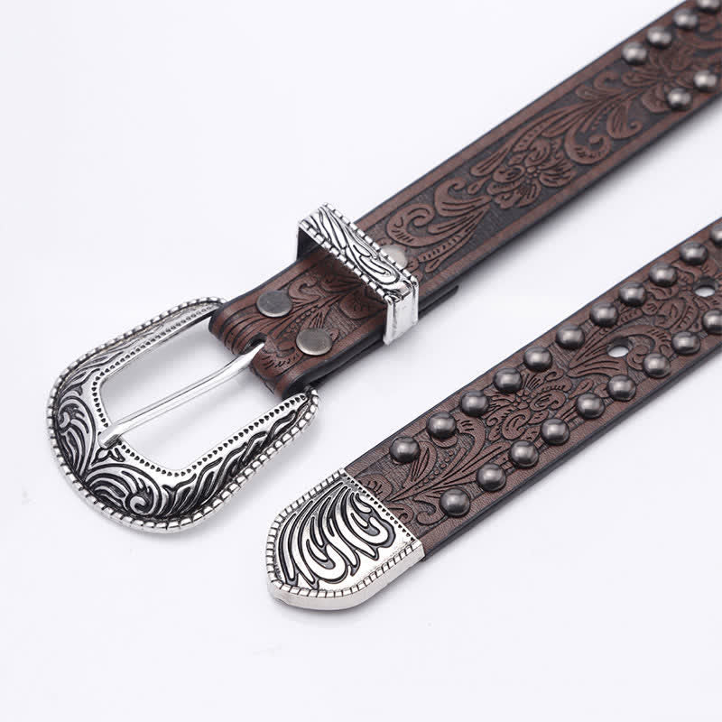Women's Artistic Embossed Rivets Carved Design Leather Belt - Image 3