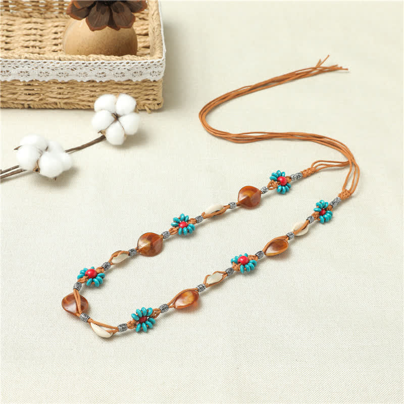 Women's Beaded Flower Shell Boho Braided Waist Rope Belt - Image 2
