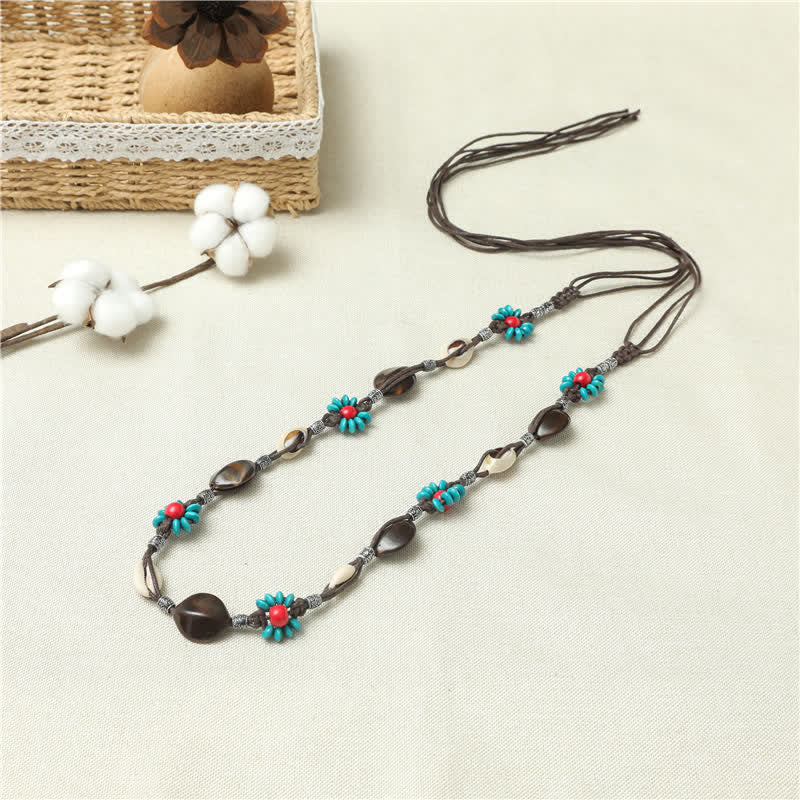 Women's Beaded Flower Shell Boho Braided Waist Rope Belt - Image 4