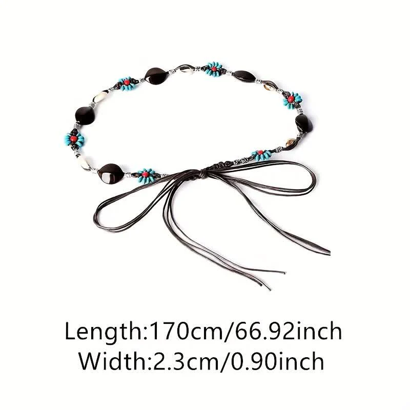 Women's Beaded Flower Shell Boho Braided Waist Rope Belt - Image 6