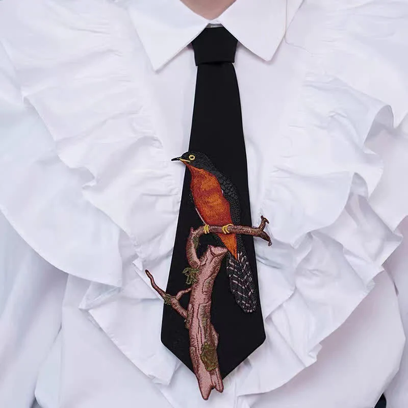Women's Bird On A Branch Embroidered Zipper Necktie - Image 4