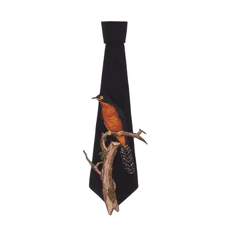Women's Bird On A Branch Embroidered Zipper Necktie - Image 5