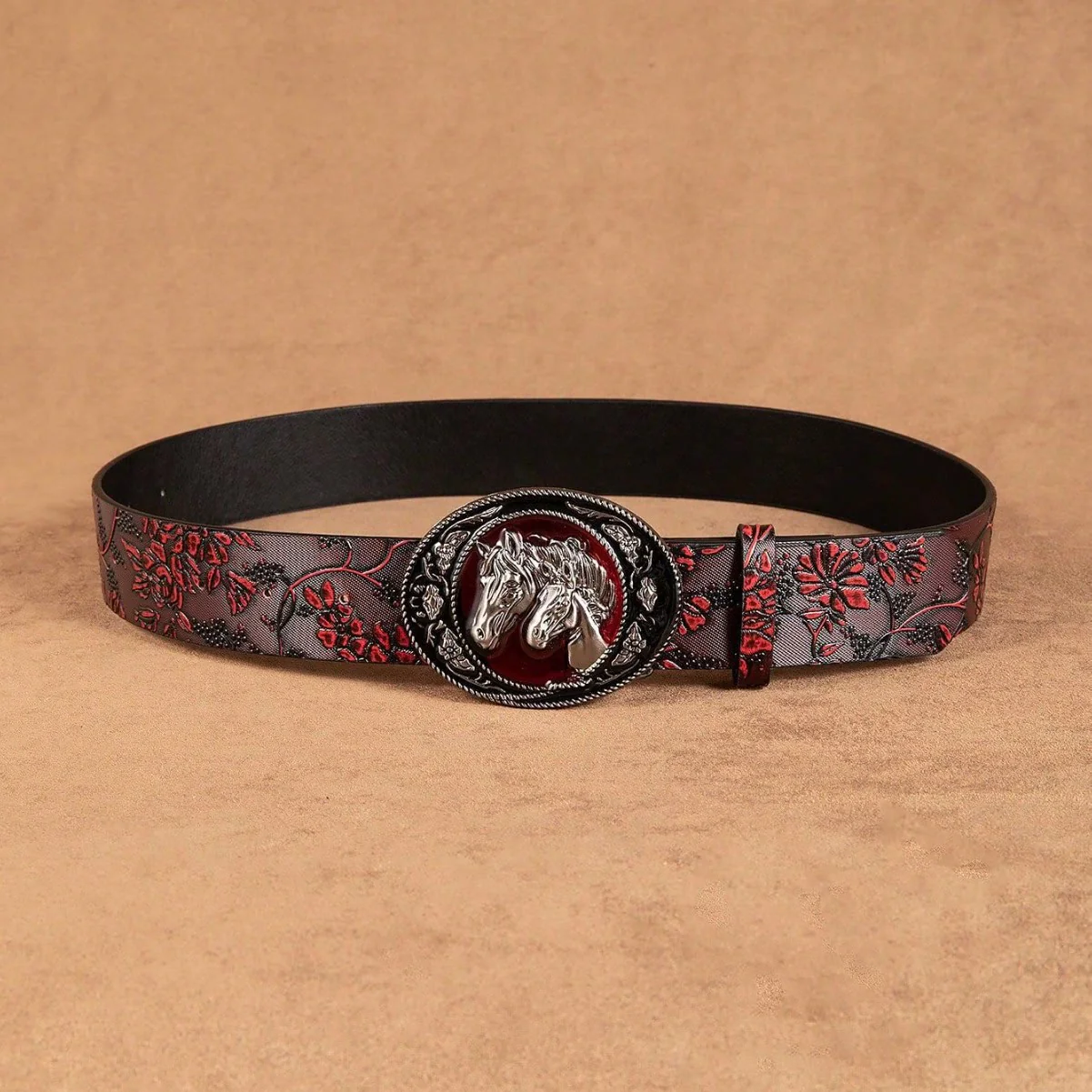 Women's Black And Red Double Horsehead Buckle Floral Belt