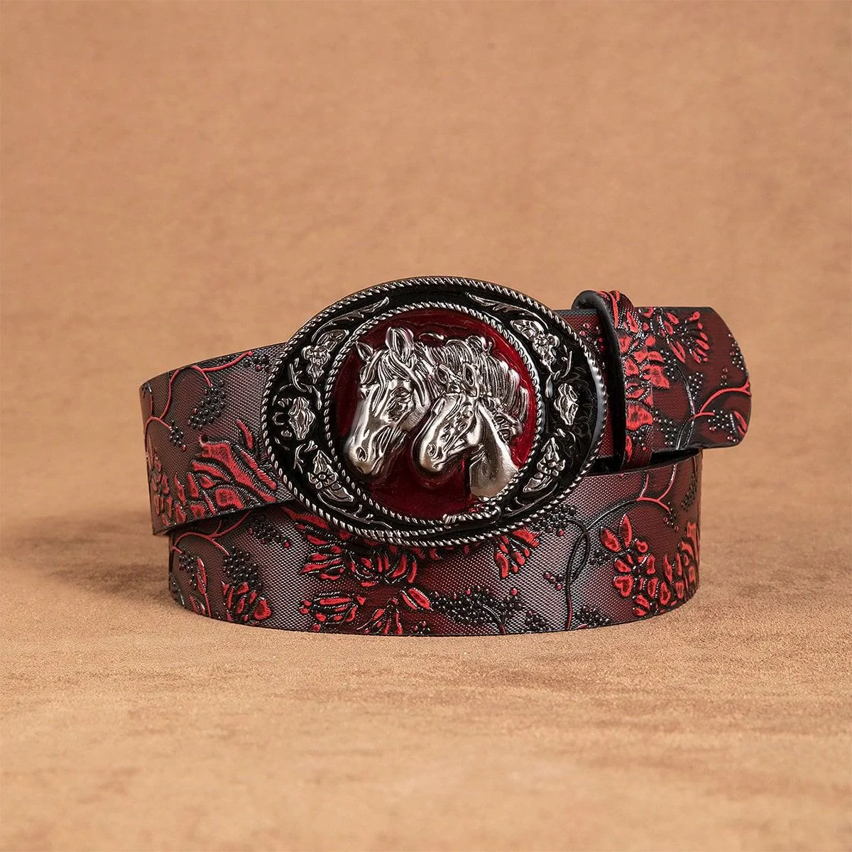 Women's Black And Red Double Horsehead Buckle Floral Belt - Image 3
