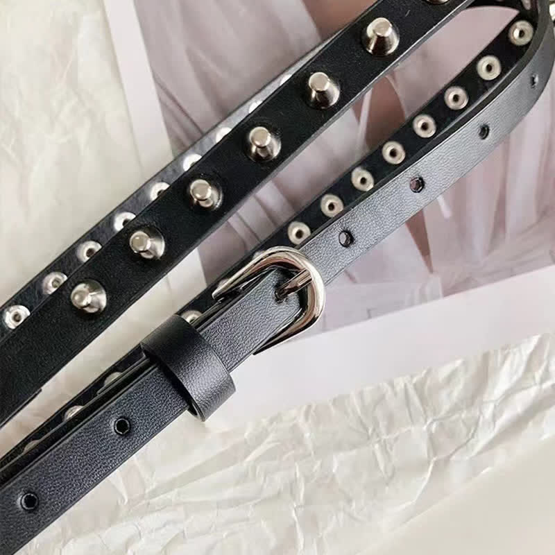 Women's Black Extra Long Double Layer Casual Punk Rivet Leather Belt - Image 3