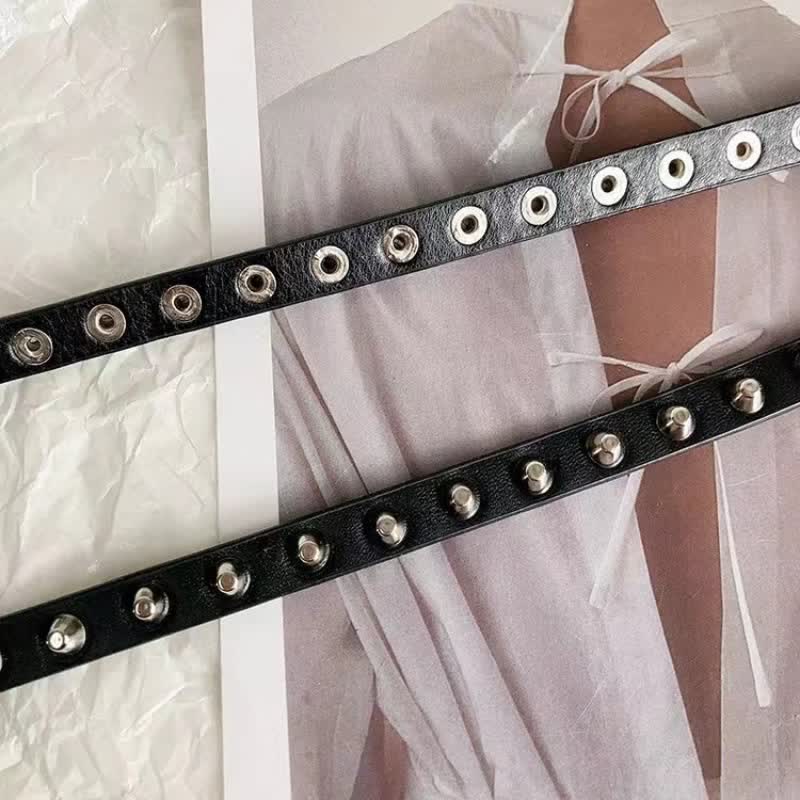 Women's Black Extra Long Double Layer Casual Punk Rivet Leather Belt - Image 4