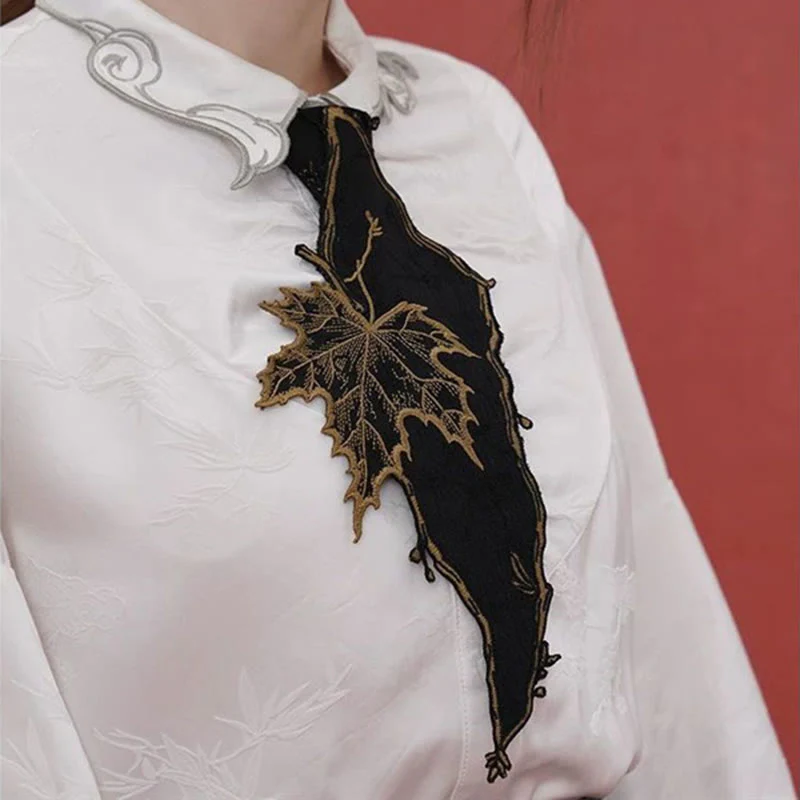 Women's Black Maple Leave Embroidered Zipper Necktie - Image 4