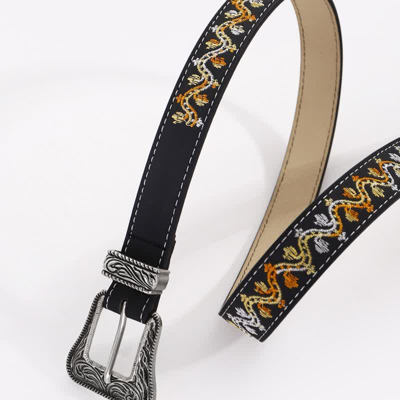 Women's Black Orange & White Embroidery Leather Belt - Image 2