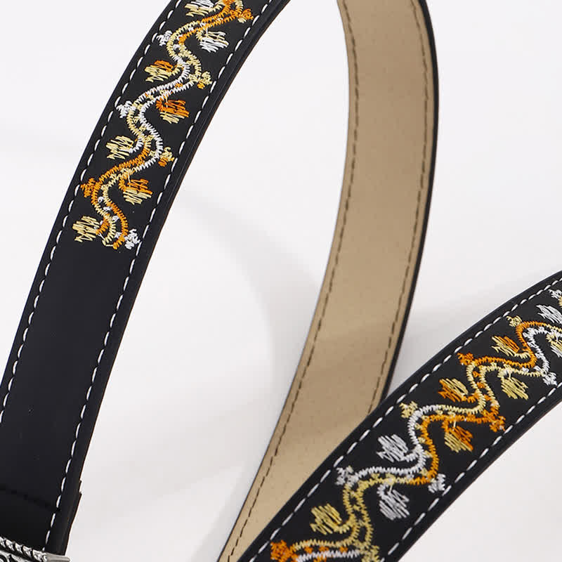 Women's Black Orange & White Embroidery Leather Belt - Image 3