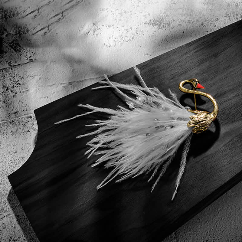 Women's Black / White Swan Plush Feather Brooch - Image 12