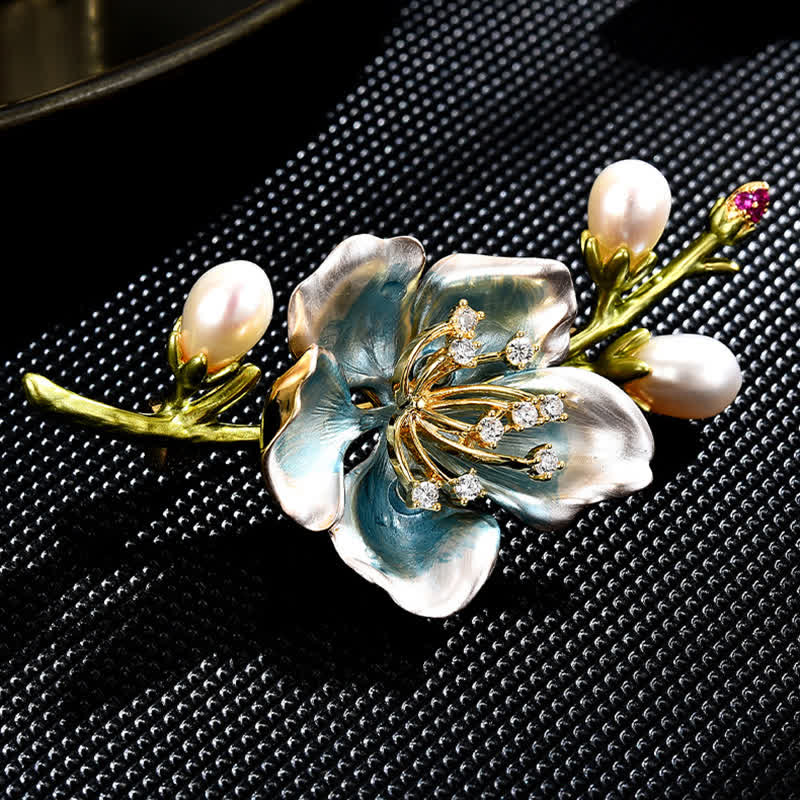 Women's Blue Enamel Magnolia Flower Faux Pearl Brooch - Image 3