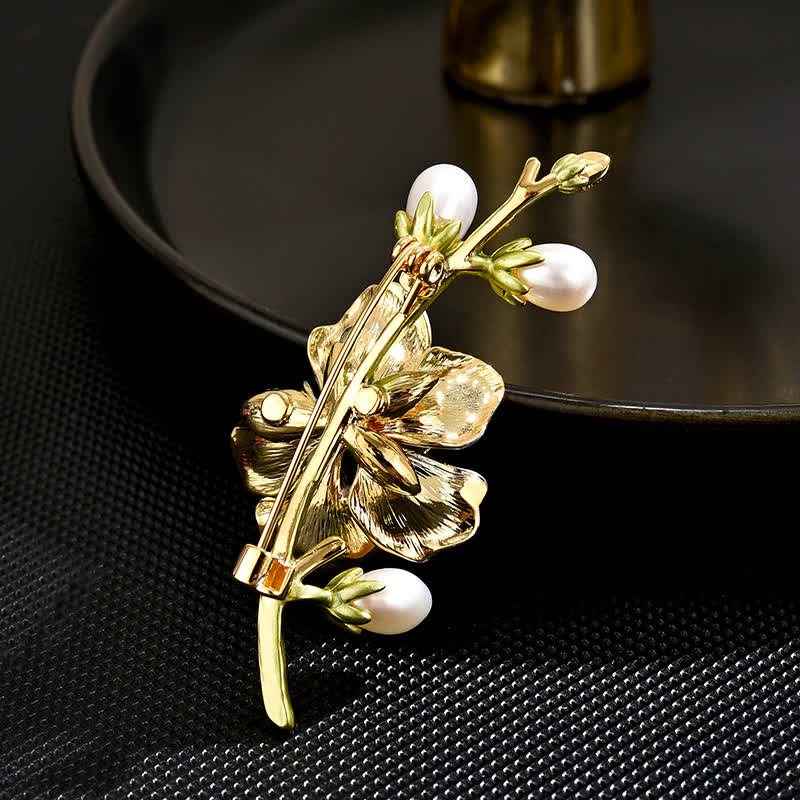 Women's Blue Enamel Magnolia Flower Faux Pearl Brooch - Image 4