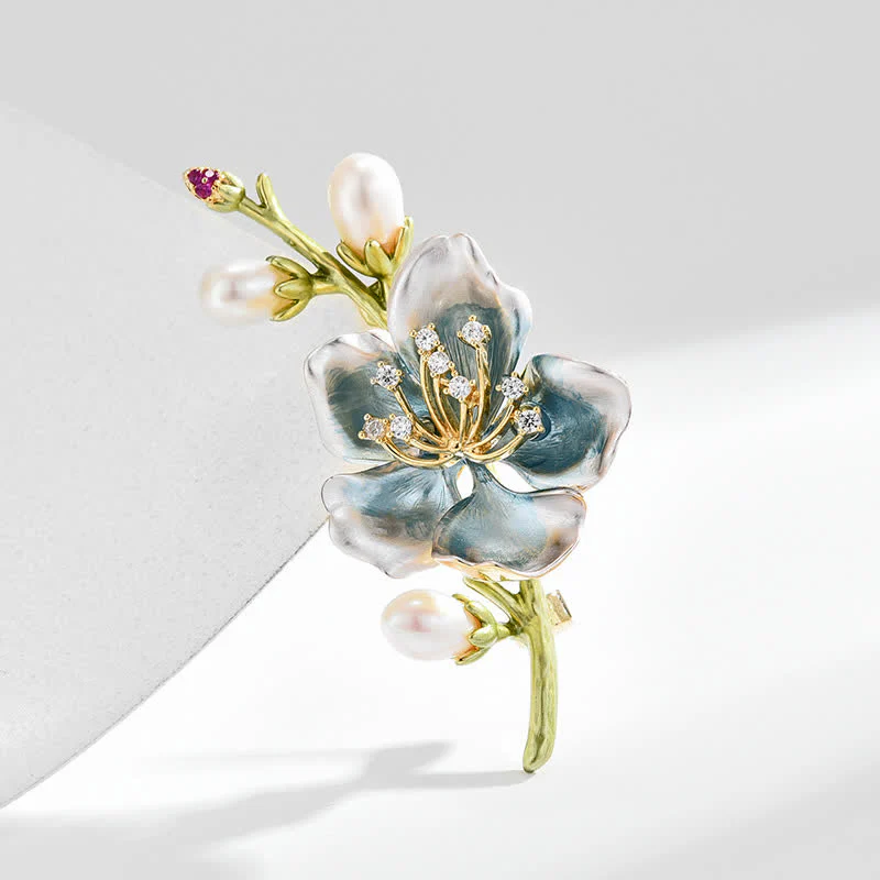 Women's Blue Enamel Magnolia Flower Faux Pearl Brooch - Image 5