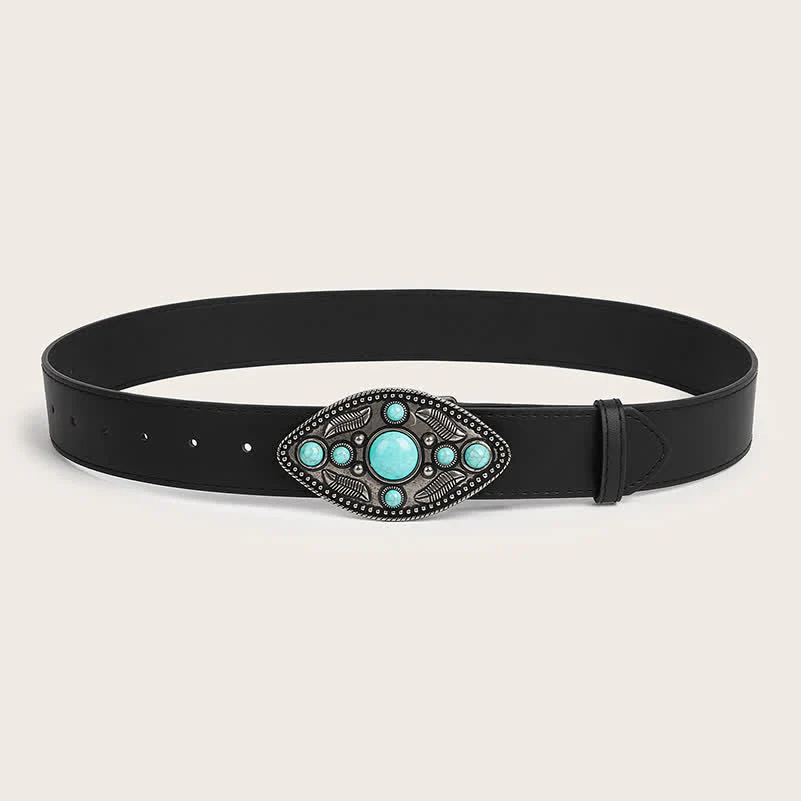 Women's Bohemia Turquoise Leaf-Shaped Buckle Leather Belt - Image 3