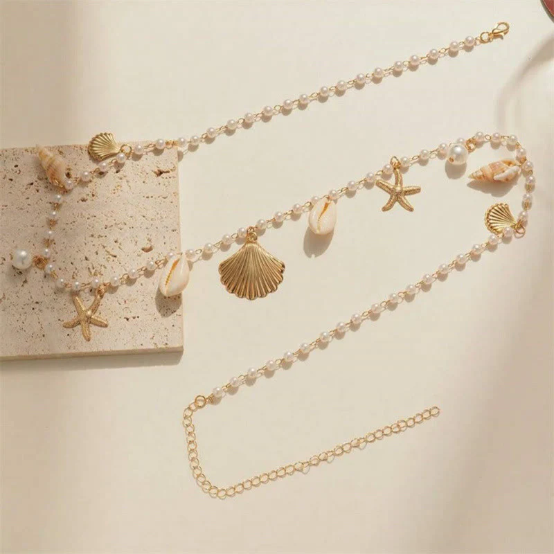 Women's Bohemian Beach Starfish Conch Shell Faux Pearl Waist Chain - Image 3