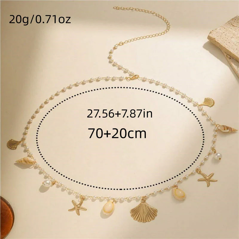Women's Bohemian Beach Starfish Conch Shell Faux Pearl Waist Chain - Image 4