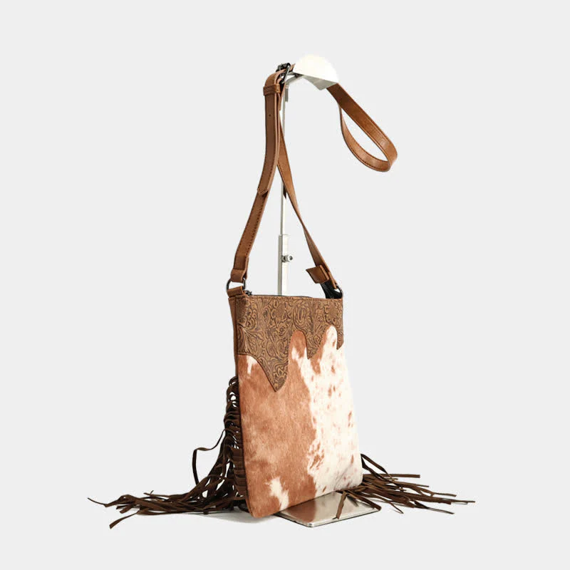Women's Bohemian Cow Print Fringe Crossbody Bag - Image 3