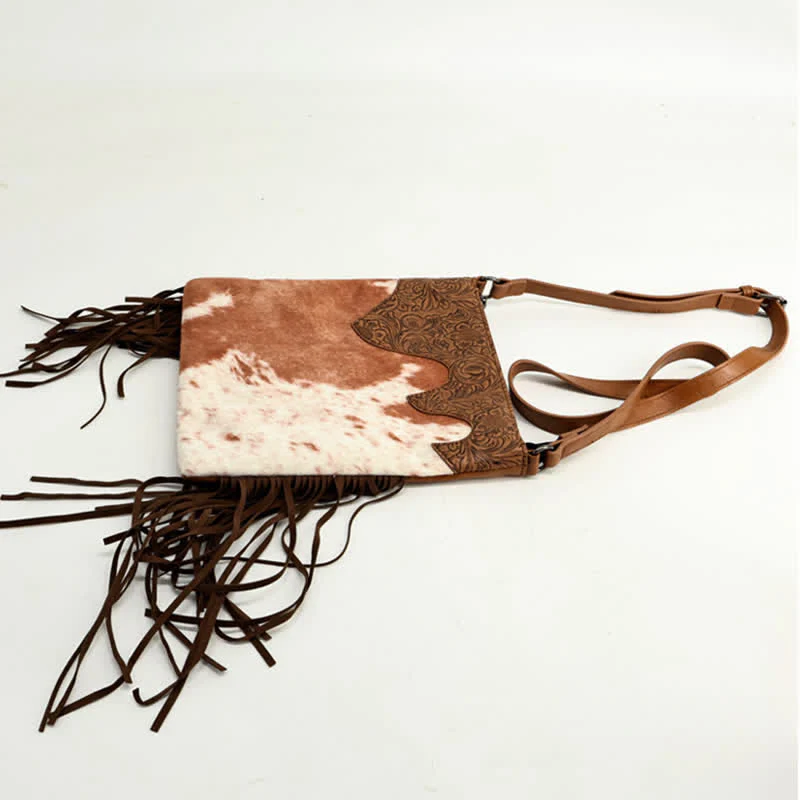 Women's Bohemian Cow Print Fringe Crossbody Bag - Image 6