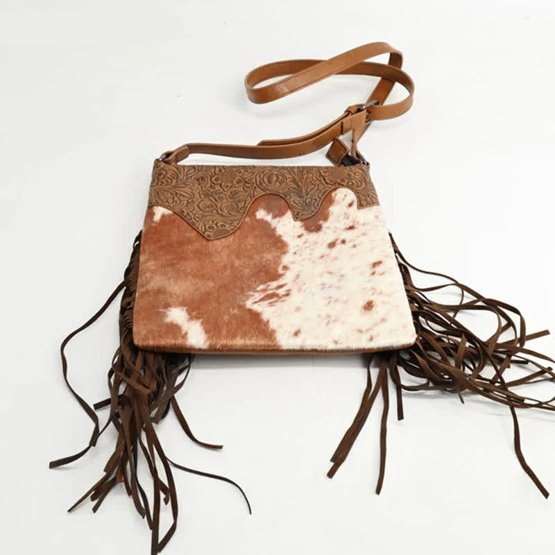 Women's Bohemian Cow Print Fringe Crossbody Bag - Image 7