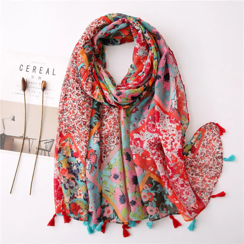 Women's Bohemian Print Floral Tassel Scarf - Image 12