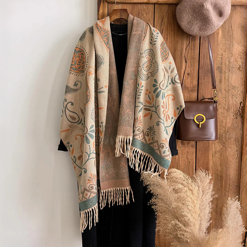 Women's Bohemian Style Printed Tassels Winter Warm Shawl Scarf - Image 4